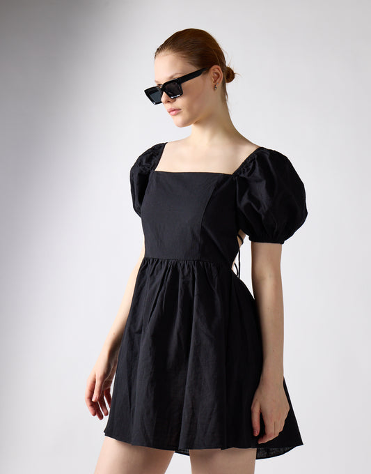 Black Open-Back Babydoll Mini Dress