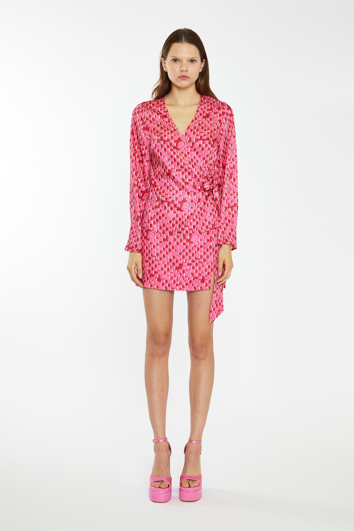 Pink Multi-Square Fluted Sleeve Wrap Top