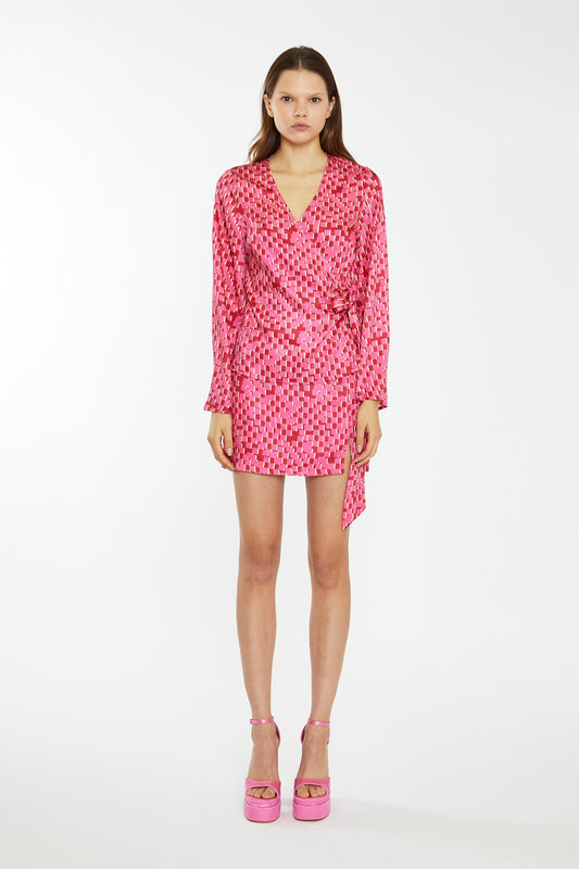 Pink Multi-Square Fluted Sleeve Wrap Top