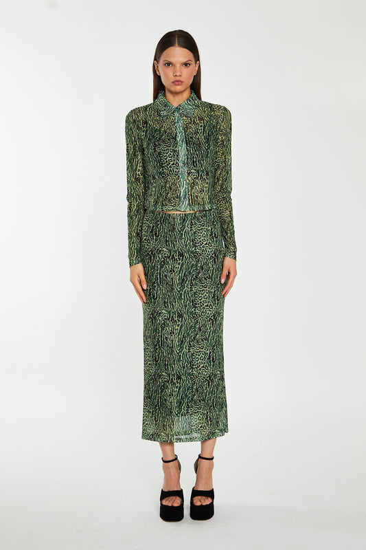 Green-Black Animal Mesh Pencil Midi-Skirt