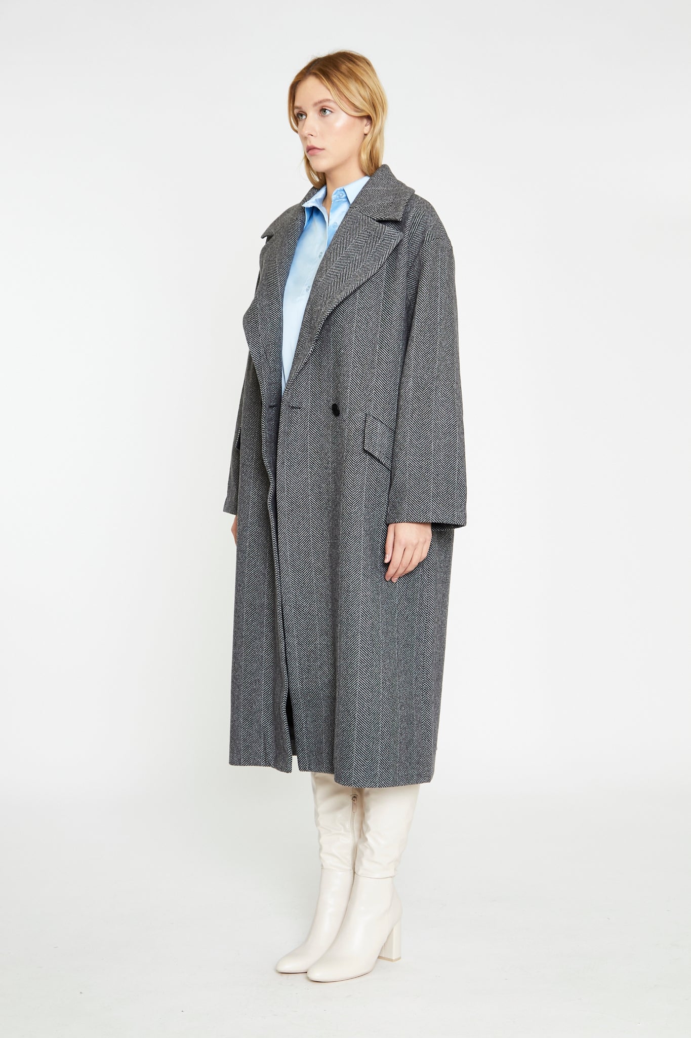 Charcoal-Chevron Oversized Double-Breasted Maxi-Coat