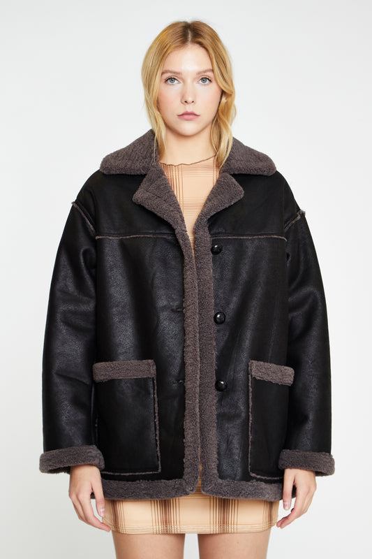 Black Dark-Grey Oversized Shearling Coat