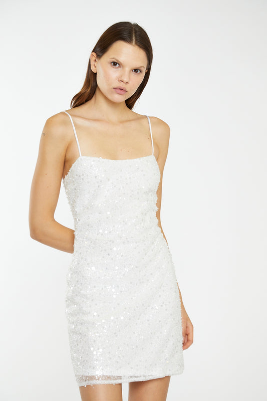 Silver Pearl-Sequin Strappy Bodycon Mini-Dress