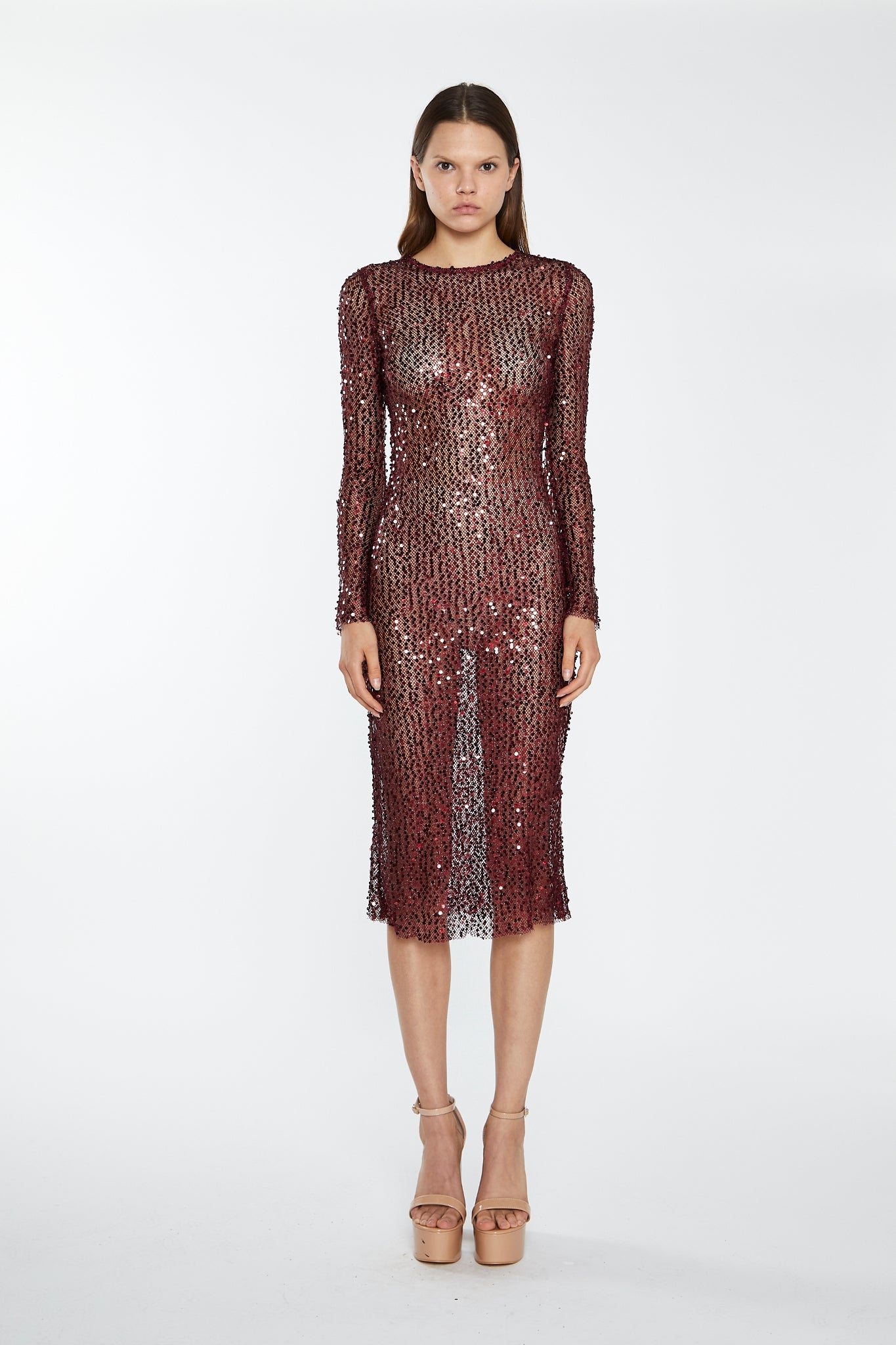 Cabernet Mesh-Sequin Long-Sleeve Midi-Dress