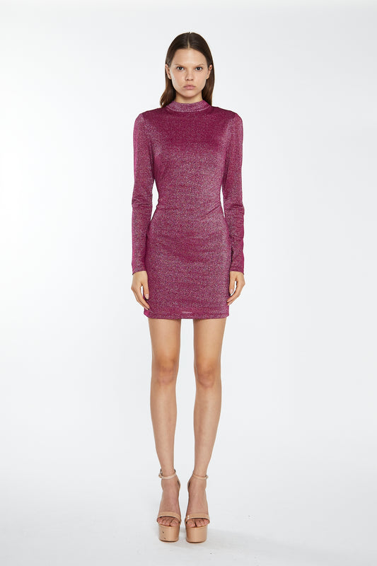 Red-Plum Glitter Open-Back Mini-Dress