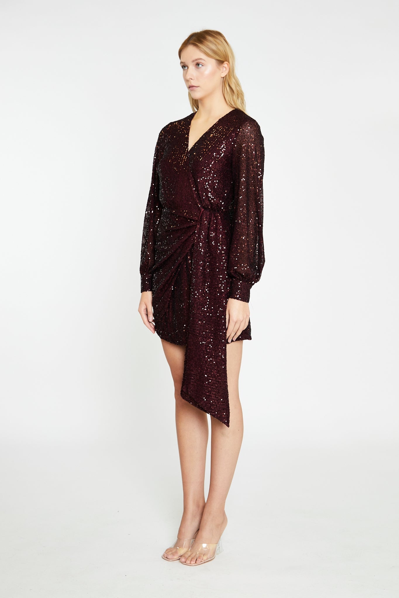 Port-Red Sequin Wrap-Front Mini-Dress