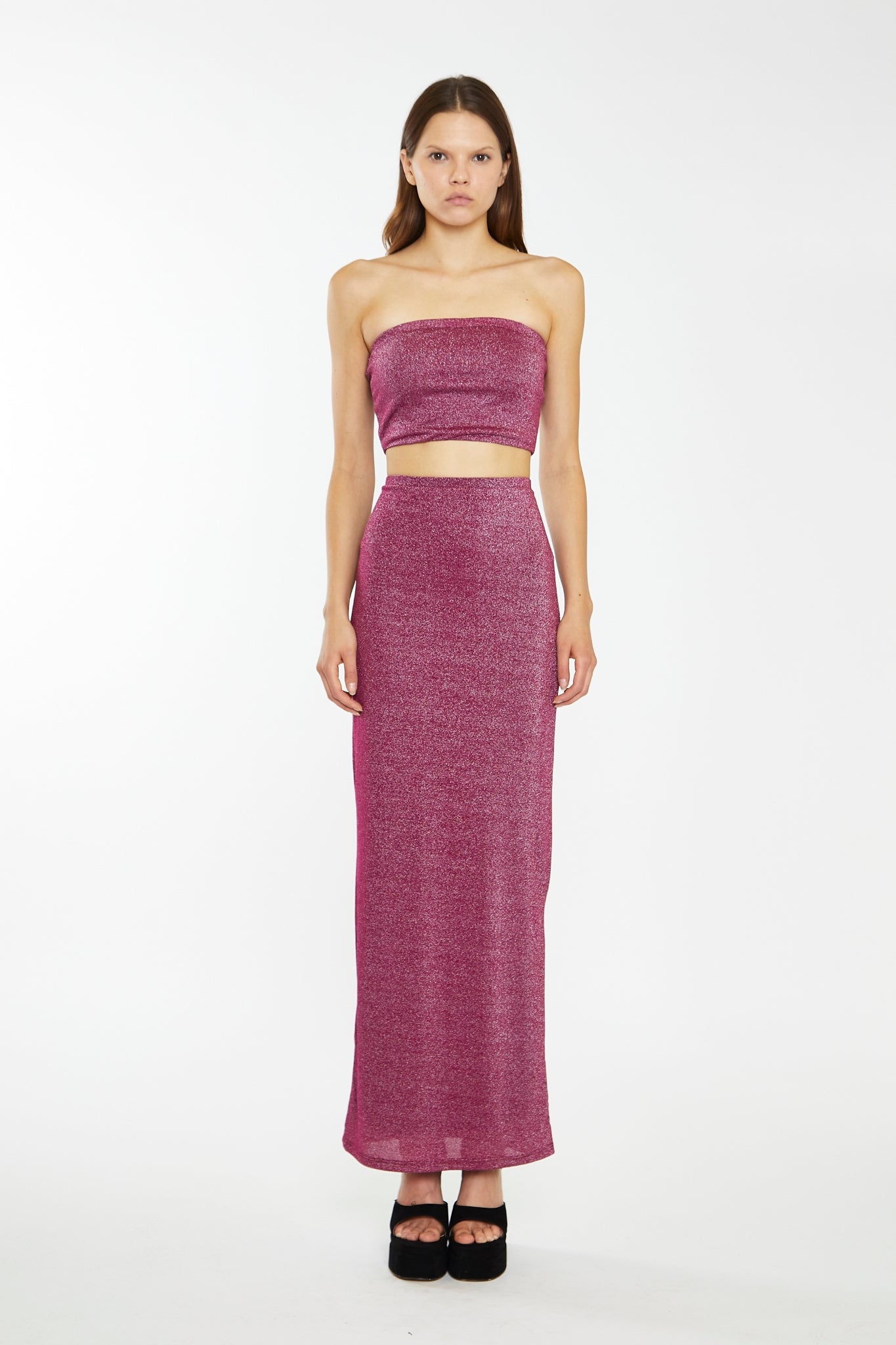 Red-Plum Glitter Bandeau Crop-Top