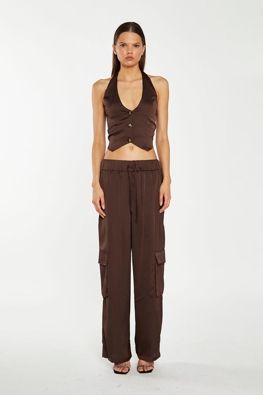 Brown-Satin Cargo Trousers