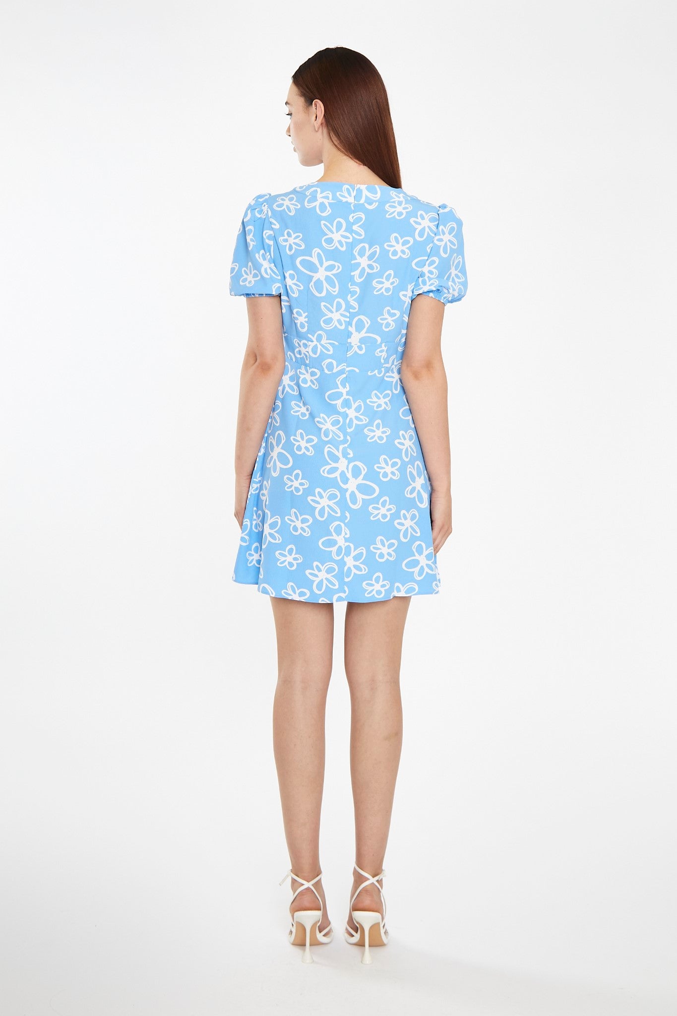 Blue Scribble-Daisy Lace-Up Front Mini-Dress