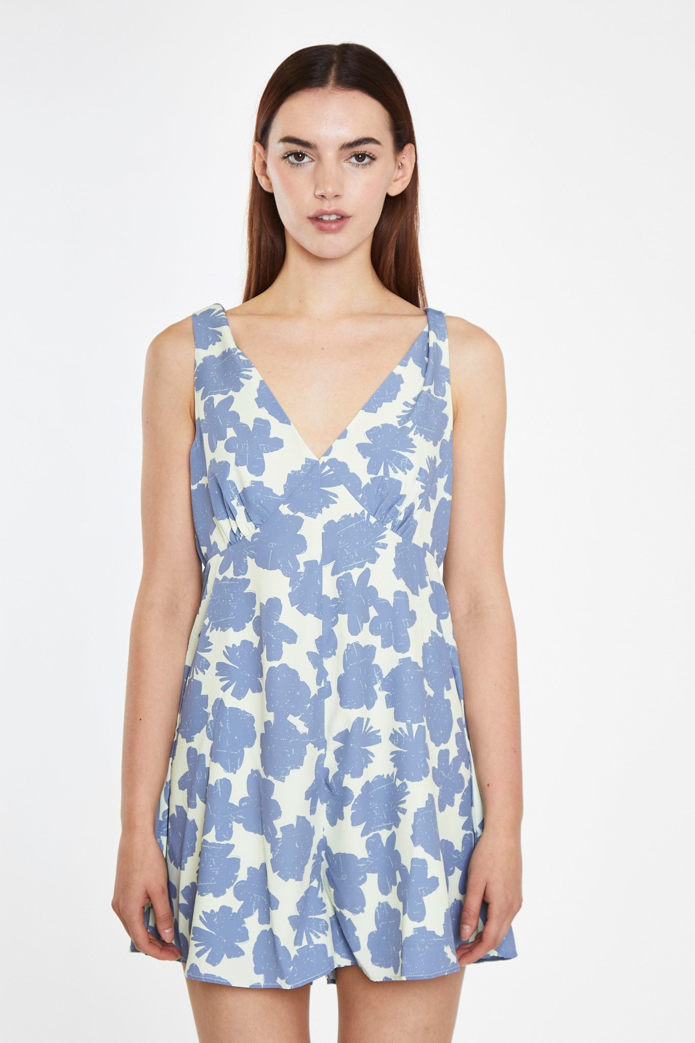 Blue-Green Floral V-Neck Loose-Fit Playsuit