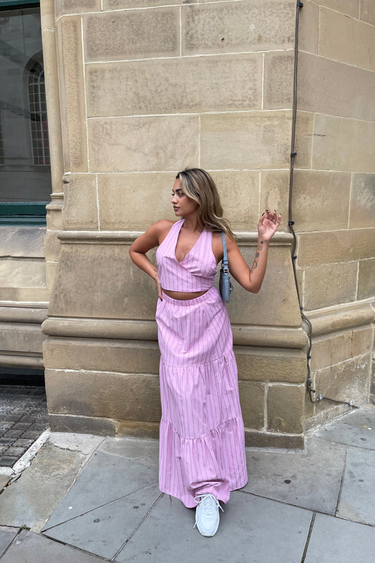 Pink Vertical-Stripe Tiered Maxi-Skirt