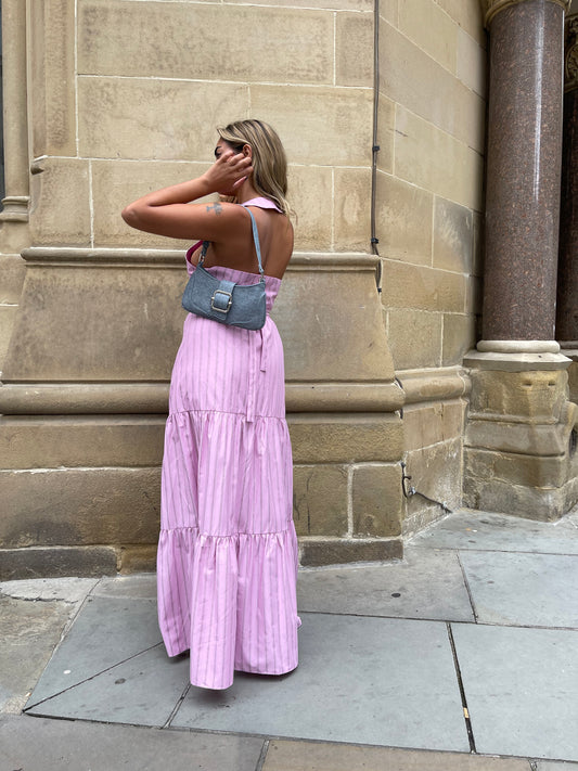 Pink Vertical-Stripe Tiered Maxi-Skirt