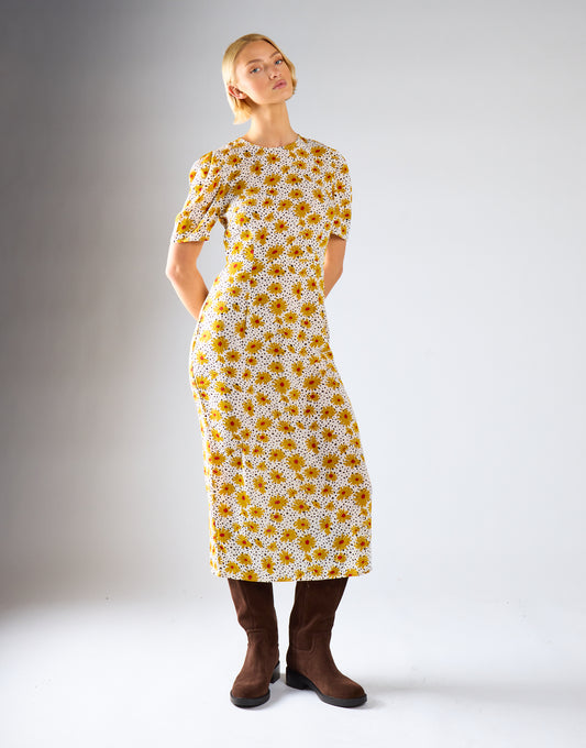 Yellow-Floral-Black-Dot Short-Sleeve Midi-Dress