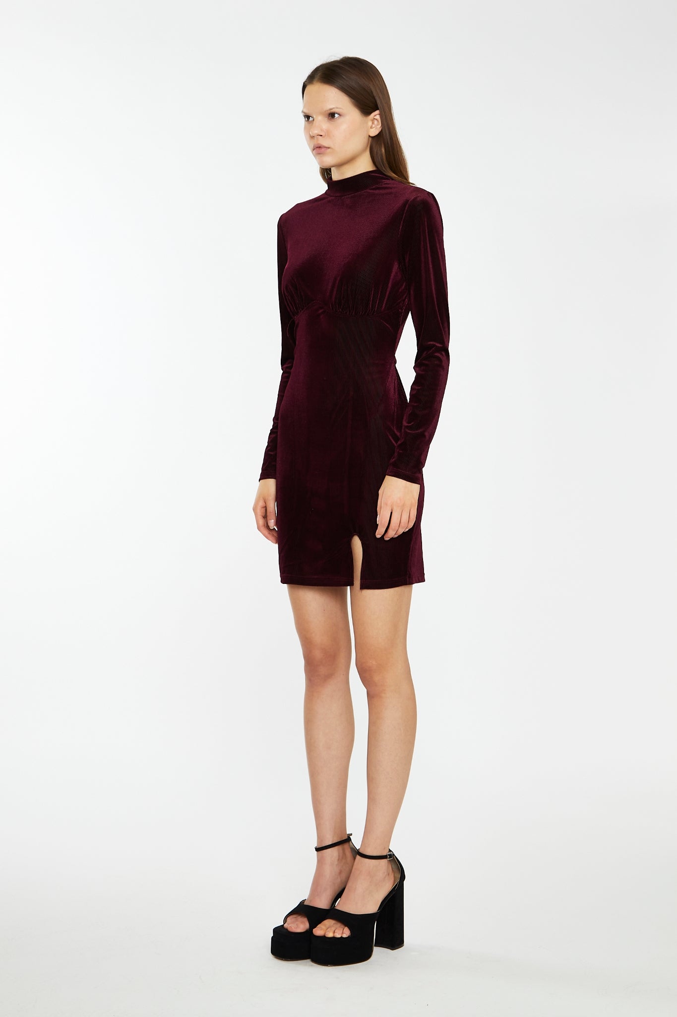 Port-Red Velvet-Rib High-Neck Side-Split Mini-Dress
