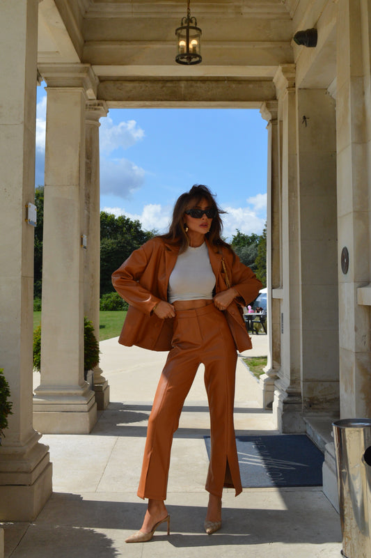 Tan PU Flared Trousers