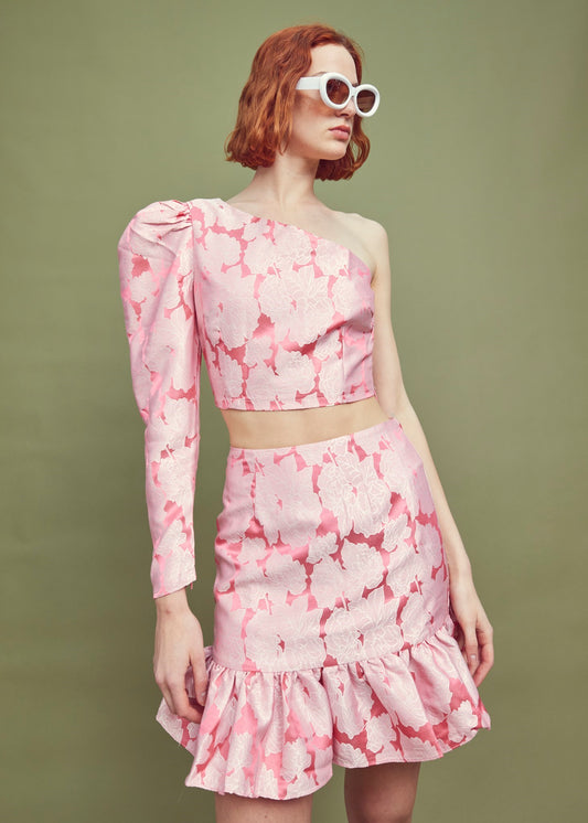 Neon Pink Jacquard Mini Frill Skirt