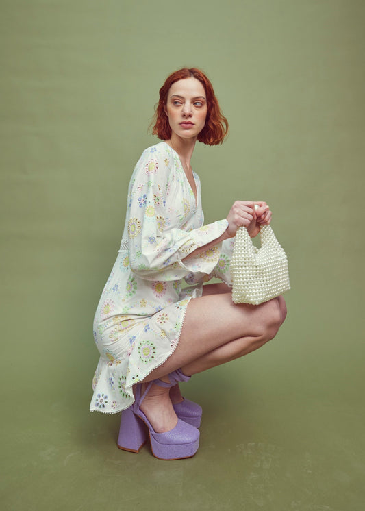 White-Pastel Broderie Long Sleeve Mini Dress