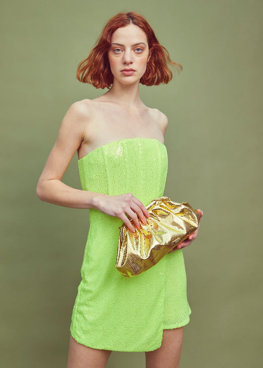 Glamorous Collection Acid Green Sequin Corset Dress with Fixed Wrap Skirt