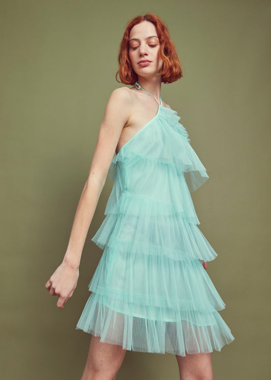 Turquoise Pleated Tulle Halterneck Mini-dress