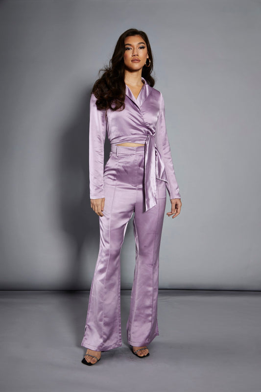 Glamorous Studio Lavender Satin Tailored Split Flared Trousers