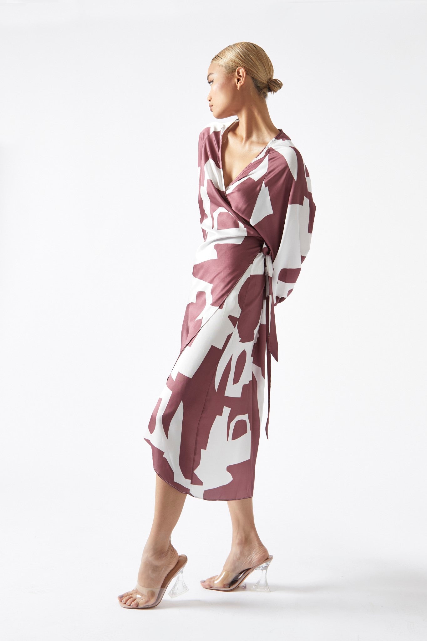 Dark-Rose Abstract Wrap Midi-Dress