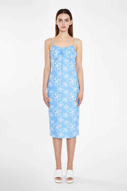 Blue Scribble-Daisy Mesh Strappy Gathered-Bust Midi-Dress