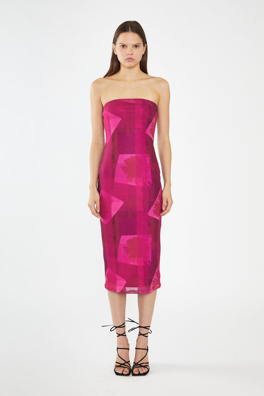 Pink-Block Mesh Bandeau Bodycon Midaxi-Dress