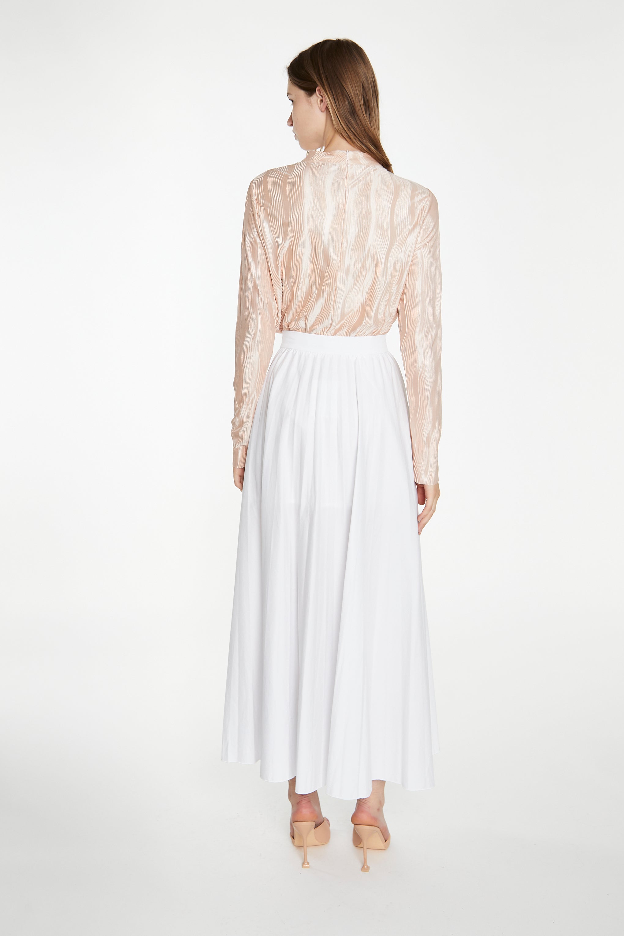 Nude Plisse Long-Sleeve High-Neck Top