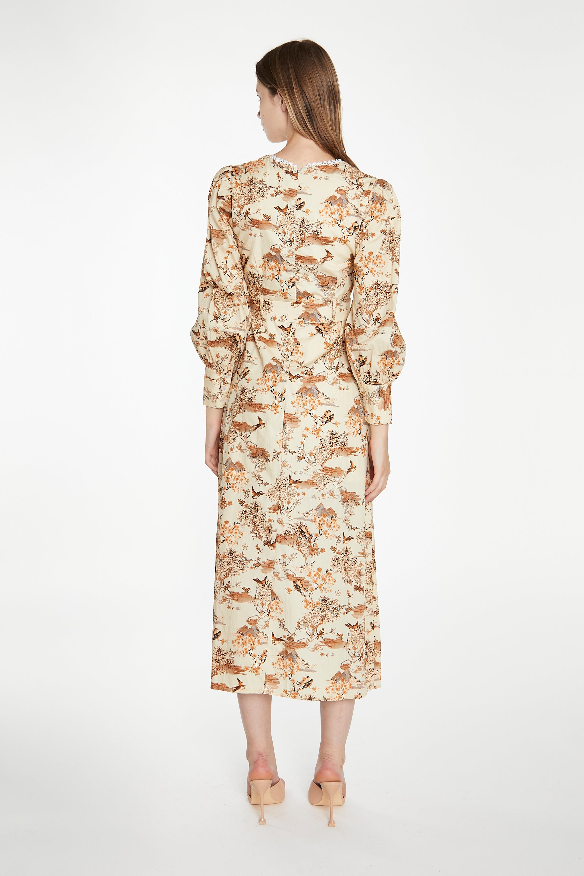 Tan Multi Blossom Long-Sleeve Belted Maxi-Dress
