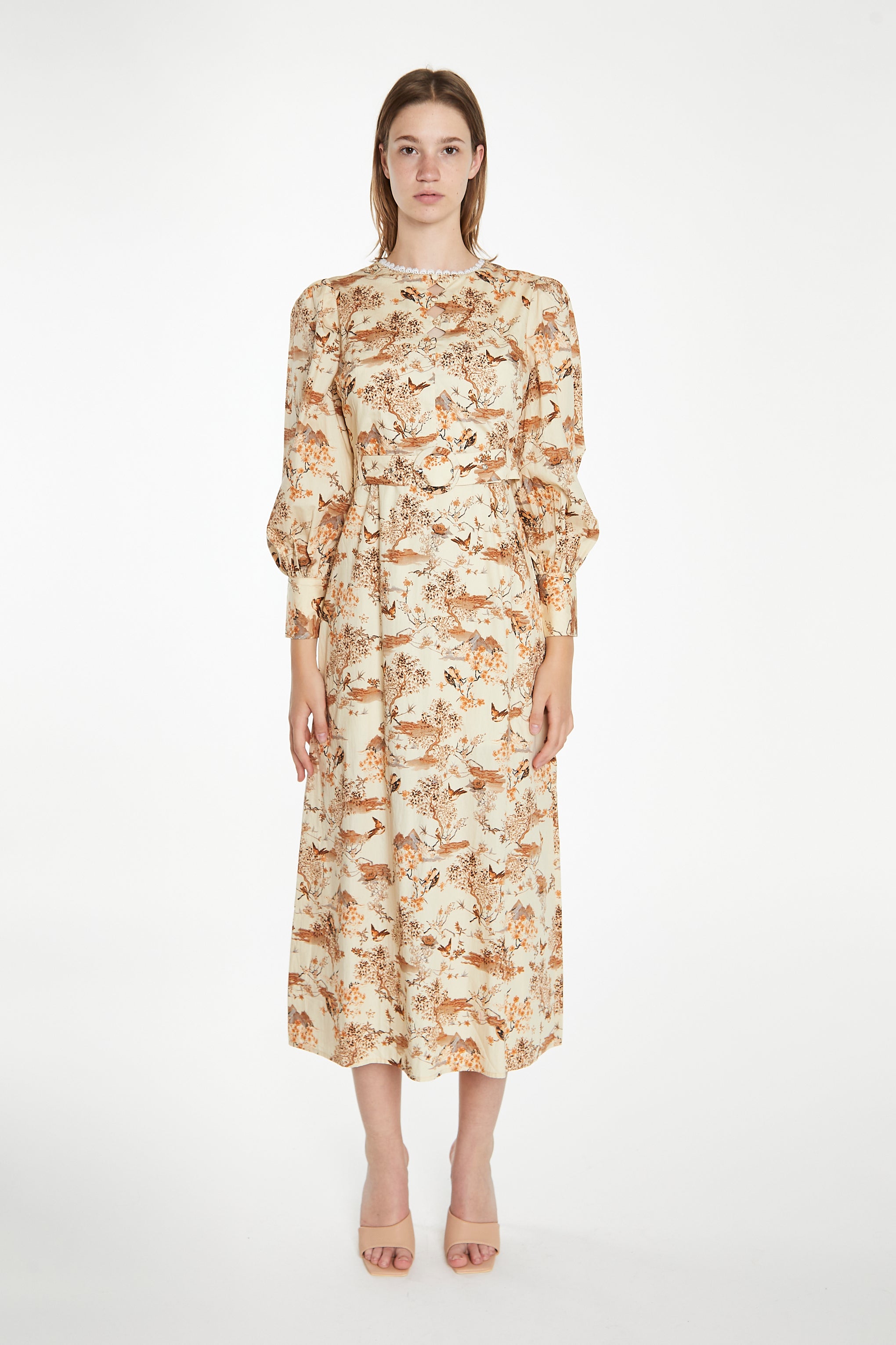 Tan Multi Blossom Long-Sleeve Belted Maxi-Dress