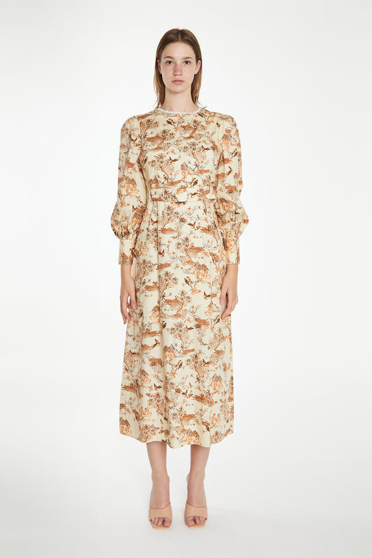 Tan Multi Blossom Long-Sleeve Belted Maxi-Dress