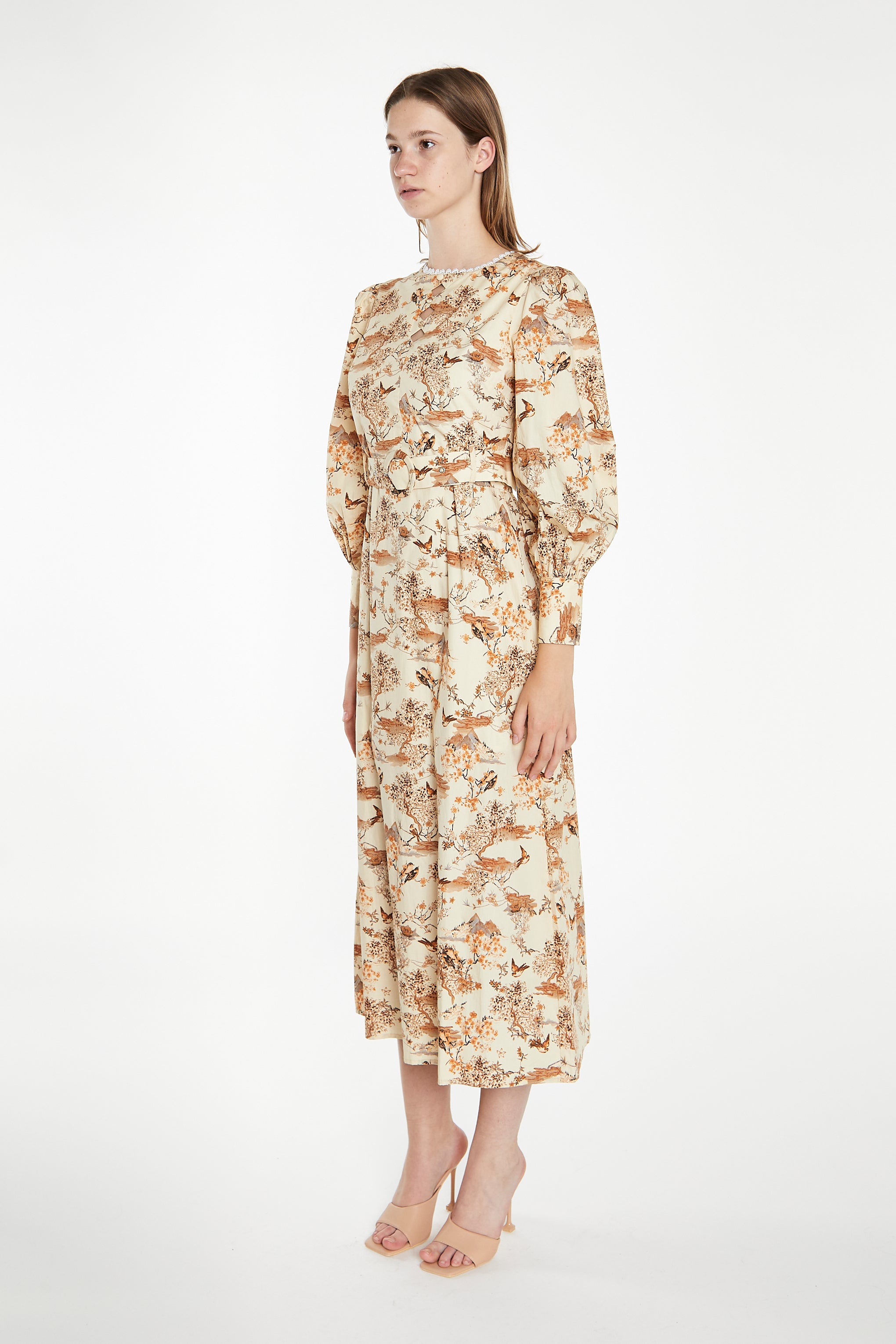 Tan Multi Blossom Long-Sleeve Belted Maxi-Dress