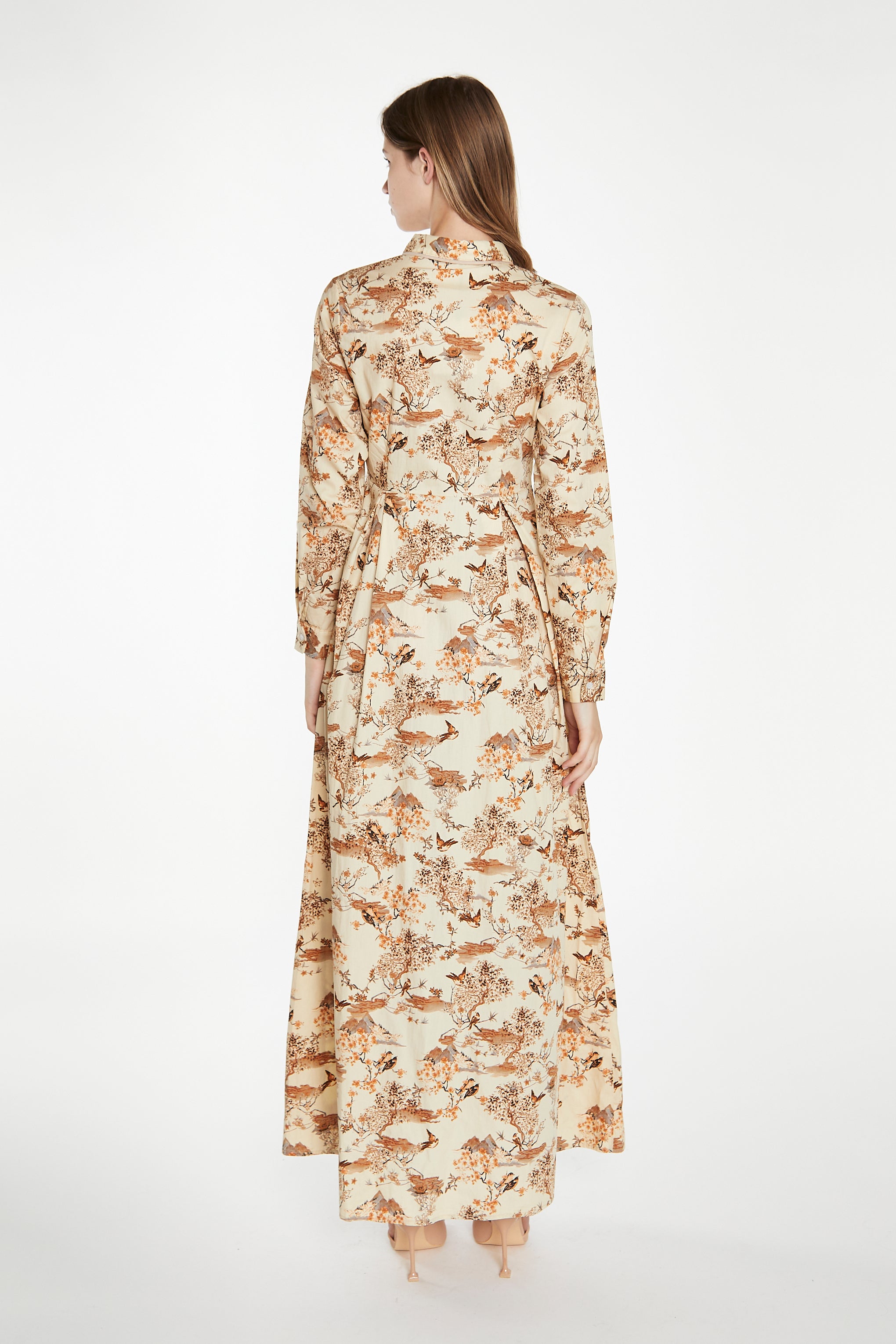 Tan Multi Blossom Long-Sleeve Maxi Shirt-Dress