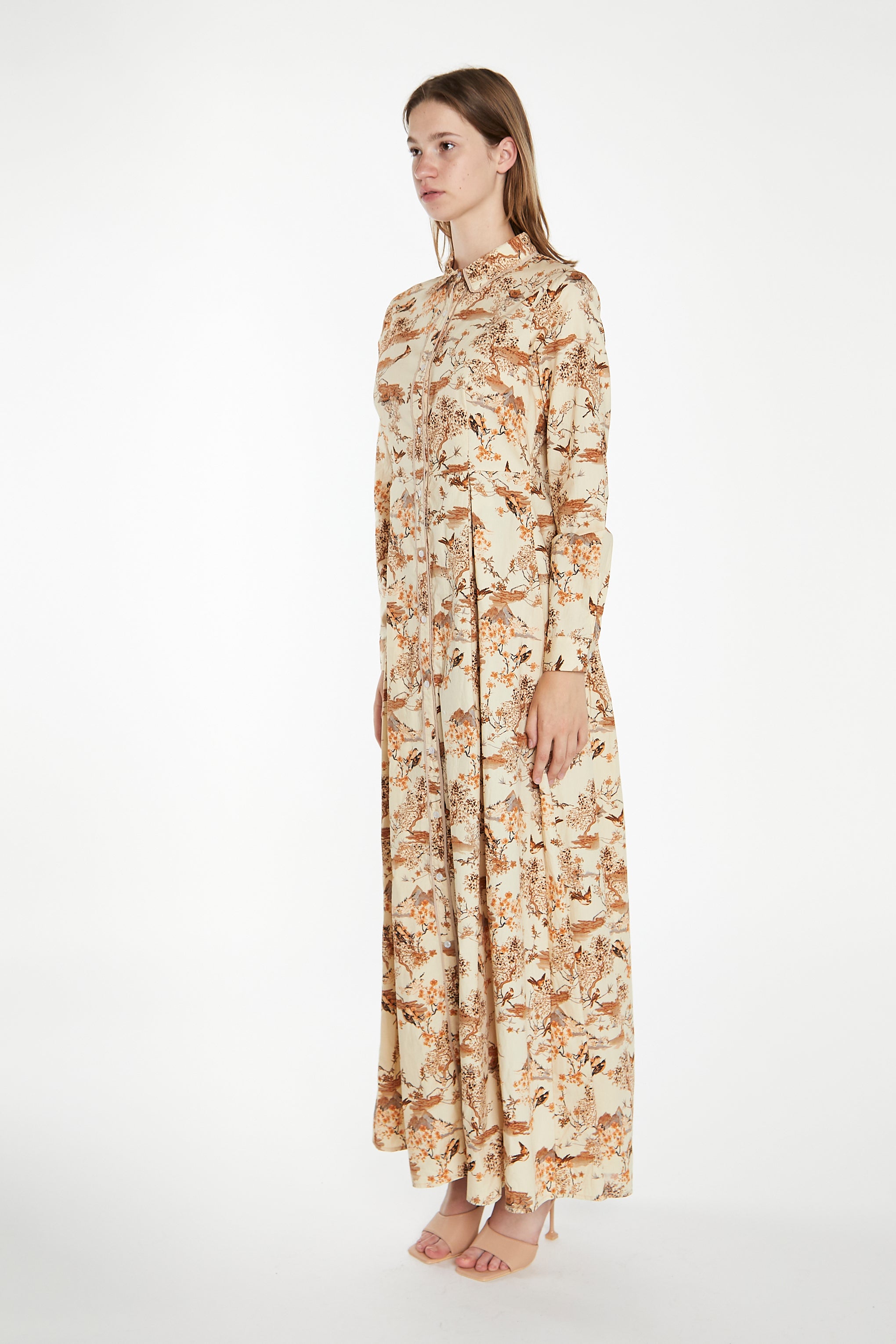 Tan Multi Blossom Long-Sleeve Maxi Shirt-Dress