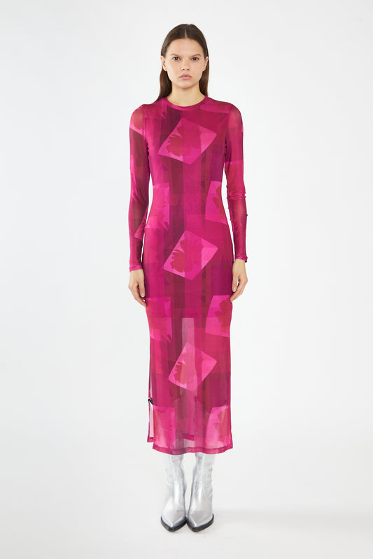 Pink-Block Mesh Crew-Neck Bodycon Maxi-Dress