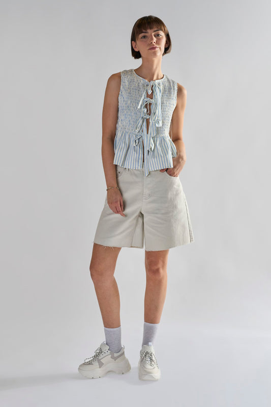 Bleach-White Denim Cut-Off Long Shorts