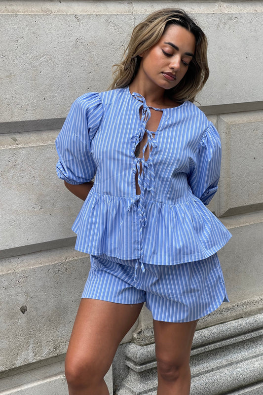 Blue-Stripe Tie-Front Peplum Top