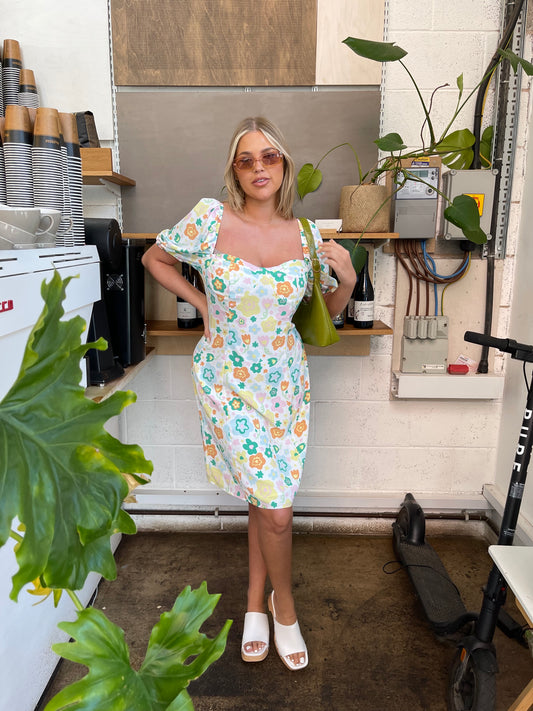 Retro Spring-Floral Bust Detail Mini-Dress