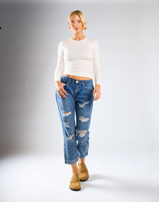 Mid Stone Distressed Low-Rise-Jeans