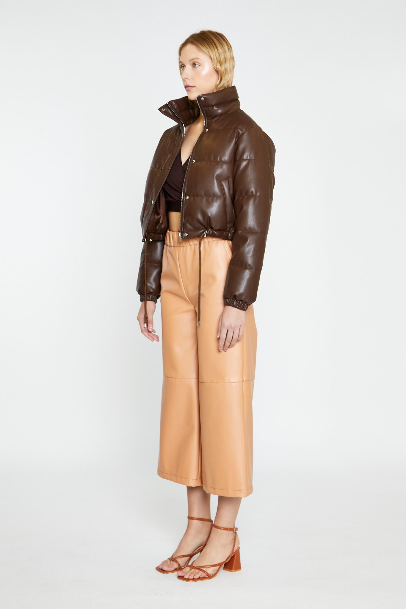 Brown PU Puffer Crop-Jacket