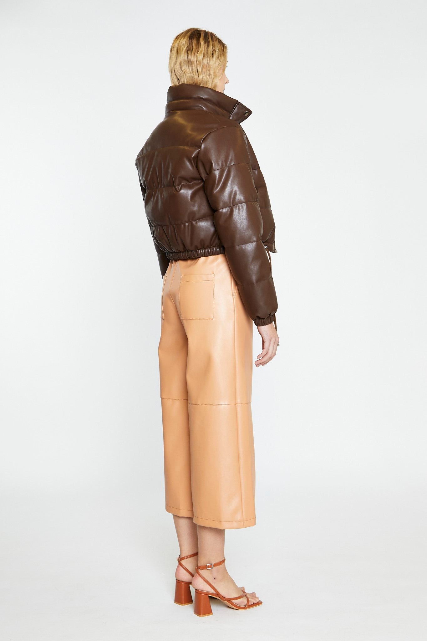 Brown PU Puffer Crop-Jacket