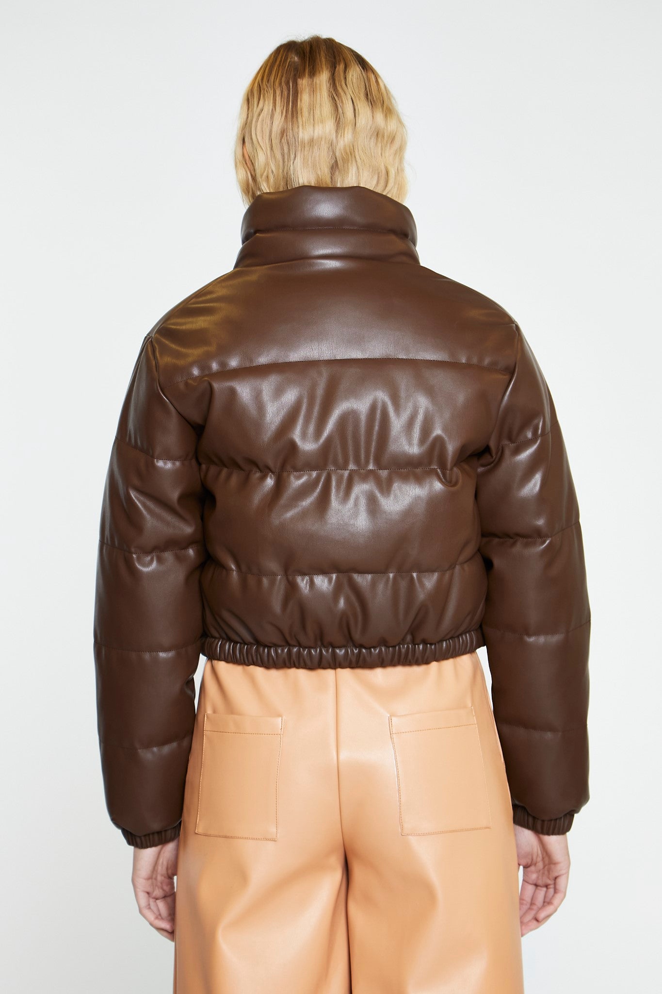 Brown PU Puffer Crop-Jacket