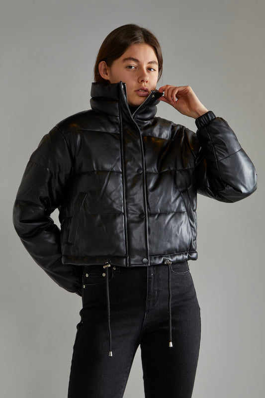 Black PU Puffer Cropped-Jacket