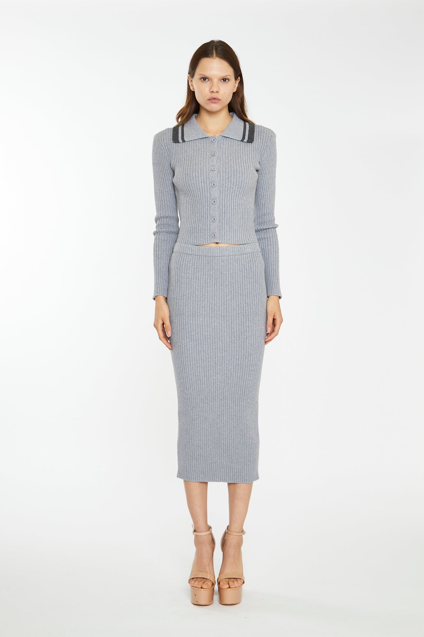 Grey-Marl Rib-Knit Midi-Skirt