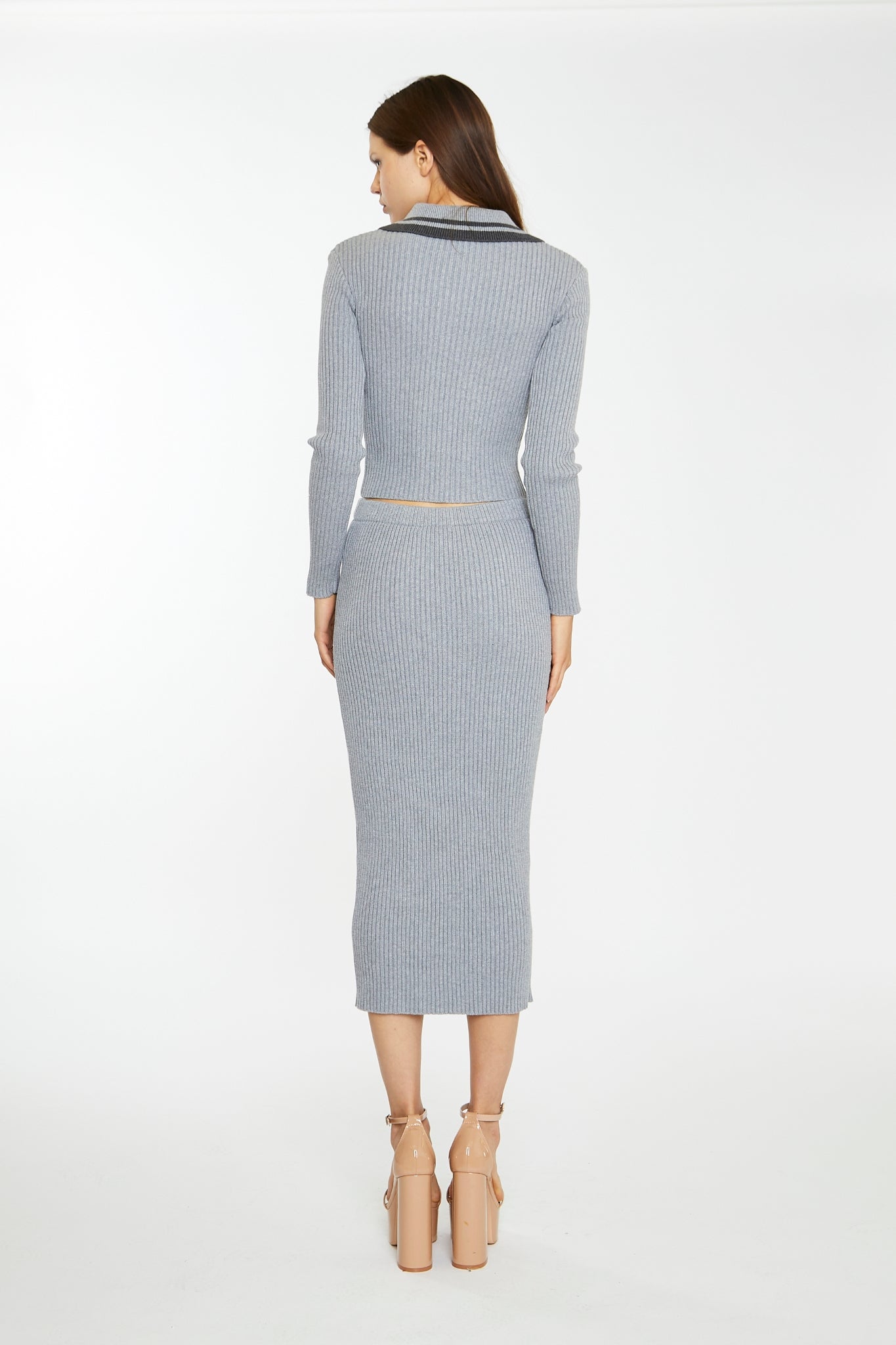 Grey-Marl Rib-Knit Midi-Skirt
