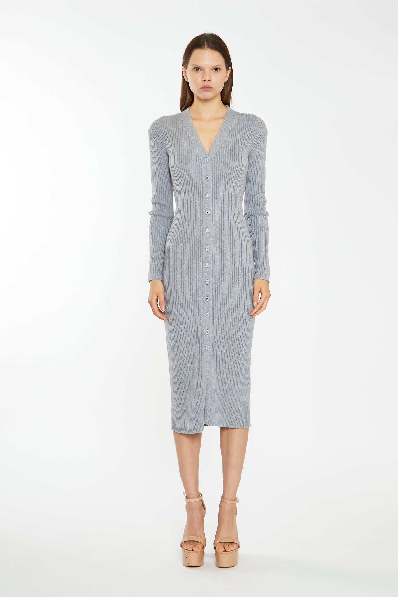 Grey-Marl Button-Down Knitted Midi-Dress