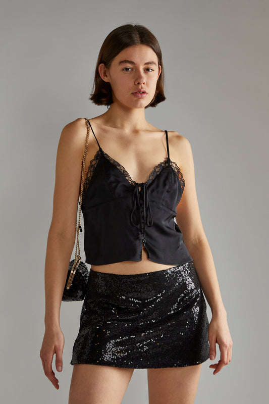 Black-Sequin Peplum Mini-Skirt