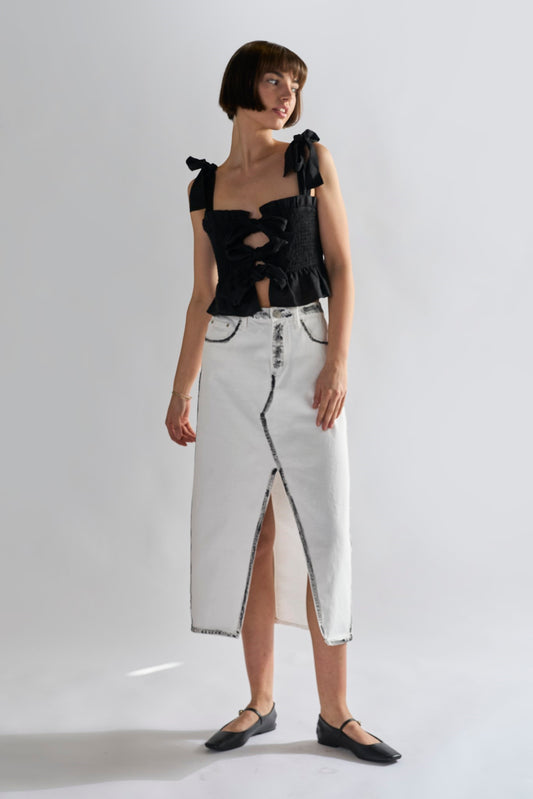 White-Black Edges Denim Straight Midi-Skirt