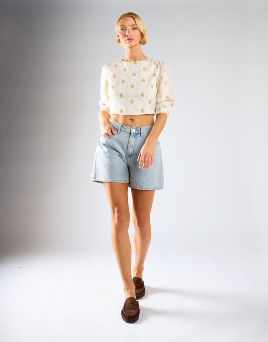 Yellow Stripe Flower Puff Sleeve Crop Top