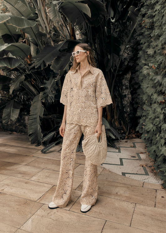 Sand Embroidered High Waisted Flared Trousers
